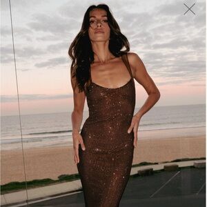 Jasmyn hot fix maxi dress with mesh back- brown